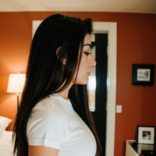 bedroom side brunette shirt woman middle eastern long hair 