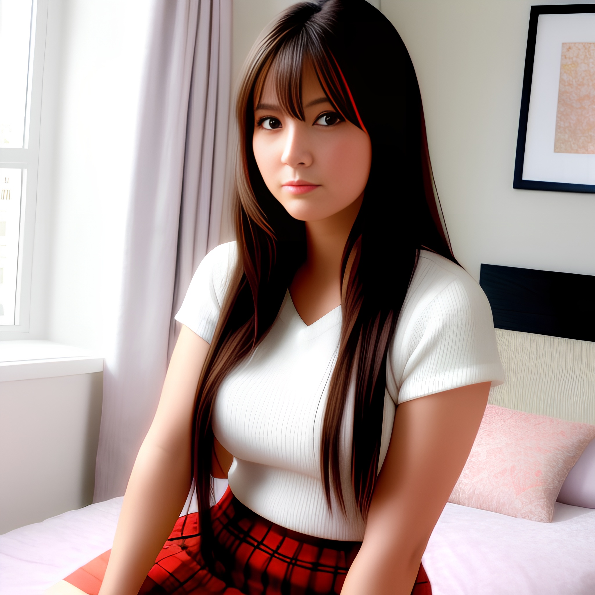 detailed middle eastern brunette long hair mini skirt woman bedroom 