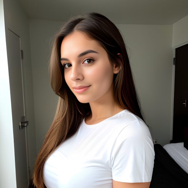 middle eastern bright lighting brunette long hair woman shirt bedroom